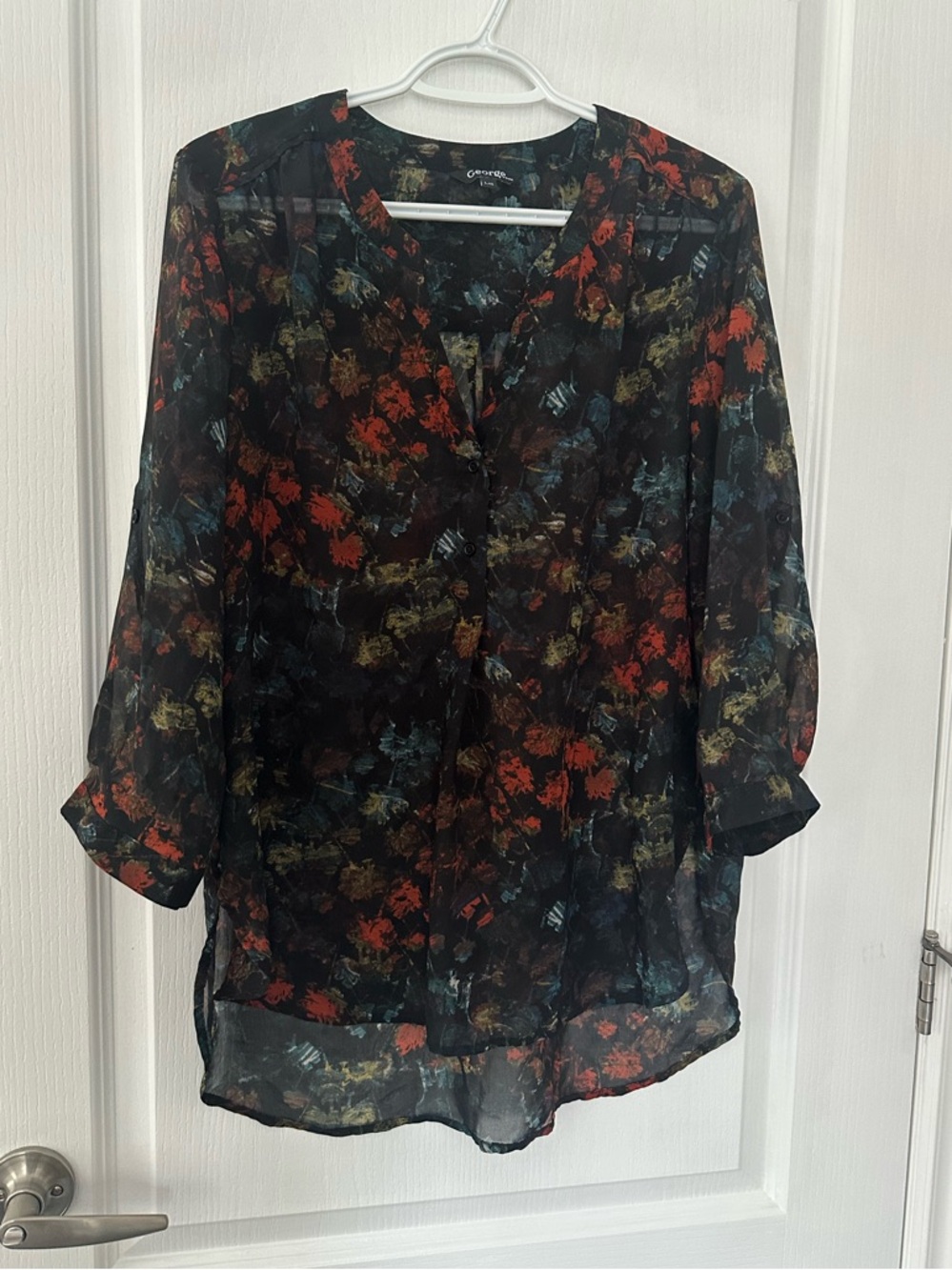 🔥 2/$20 NWOT Sheer Black Blouse with Red, Green and Blue Floral Print Flowy Chic